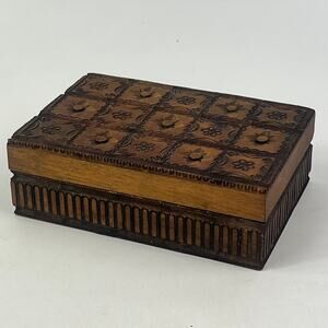 Vintage Polish Folk Art Carved Wooden Trinket Box Pyrography Floral 6.25in Lid